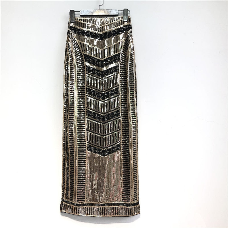 Cakucool Retro Sequined X Long Skirt Vintage Beading Empire Gold Silm Bodycon Runway Bohemian Back Slit Pencil Skirt