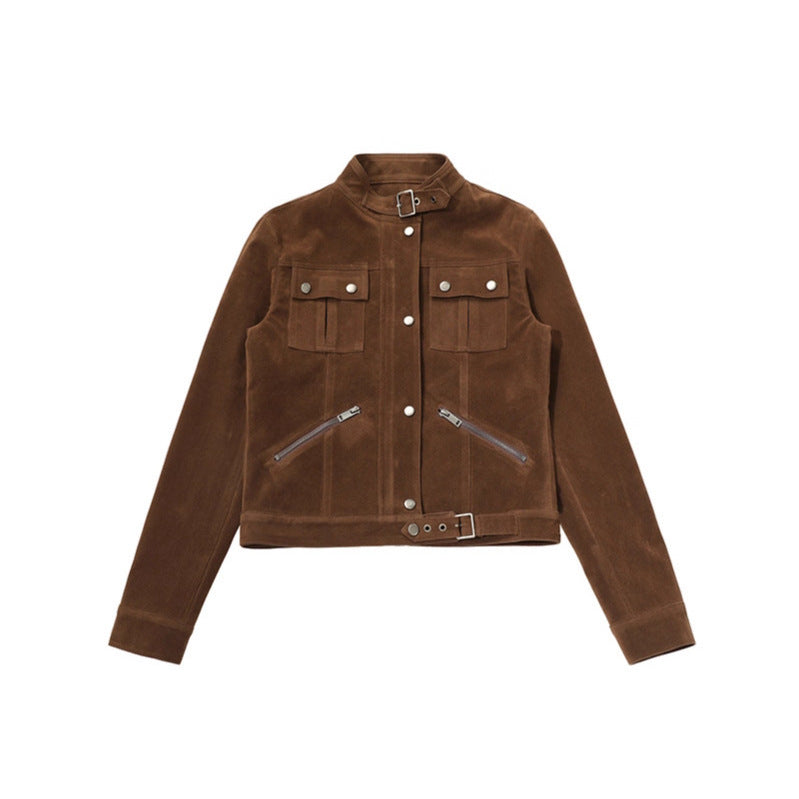 Suede Stand Collar Moto Jacket for Women Slim Fit Shoulder Short Coat