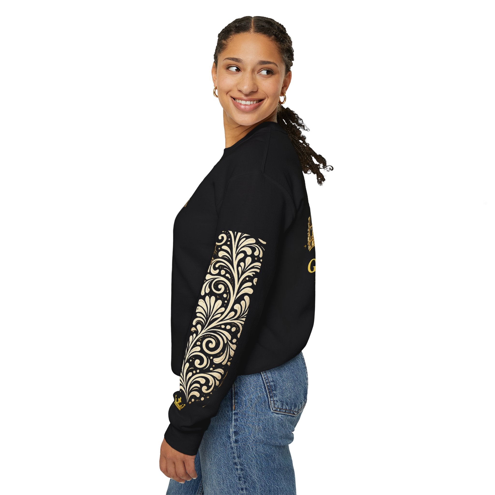 Goddess Era Crown sweatshirt |Black crewneck with gold crown and Talavera sleeve