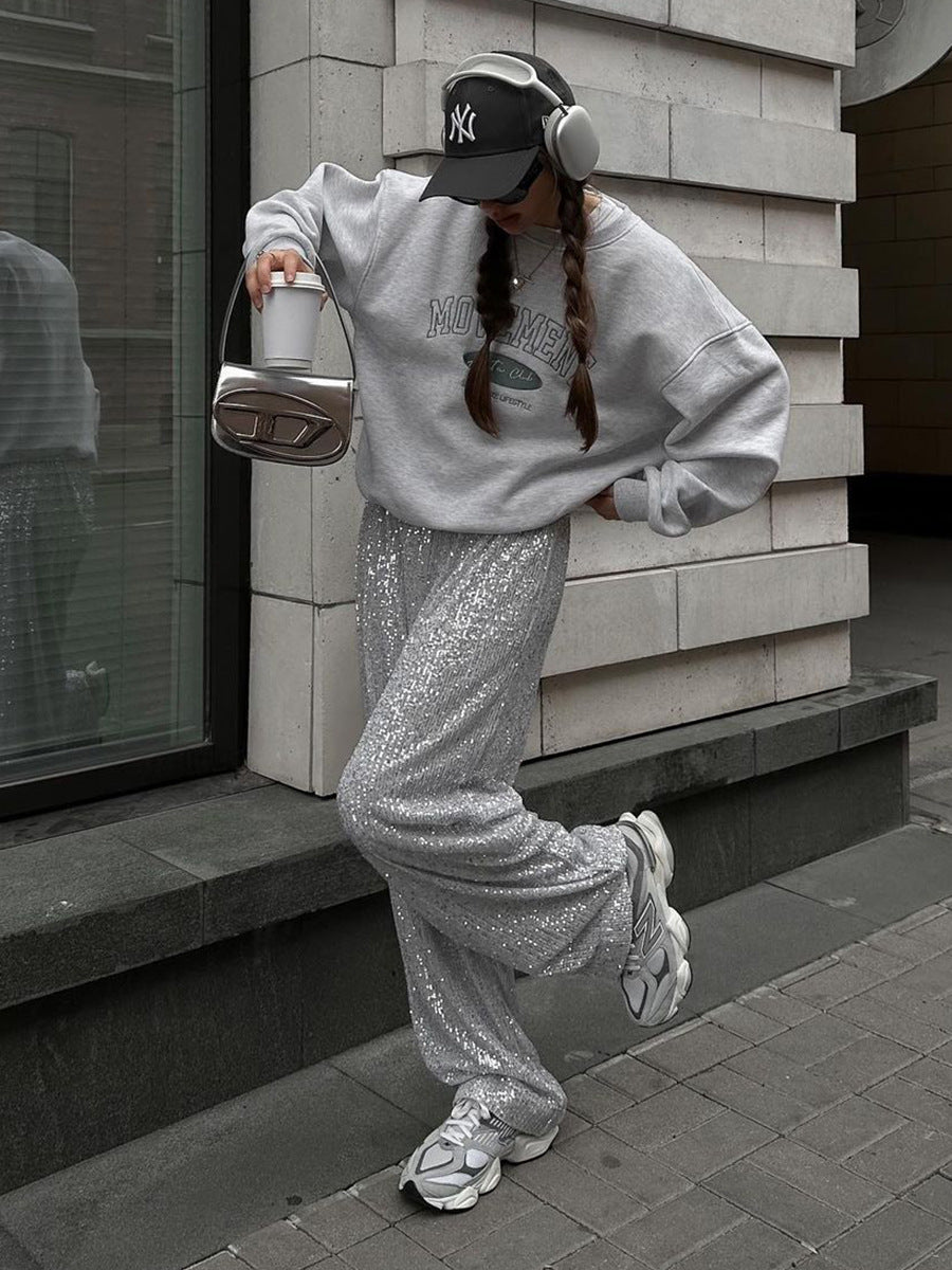 Bling Sequin Pants For Women Wide Leg Elastic High Waist Street Fashion Loose Party Evening Female Trousers Night Beach Pants