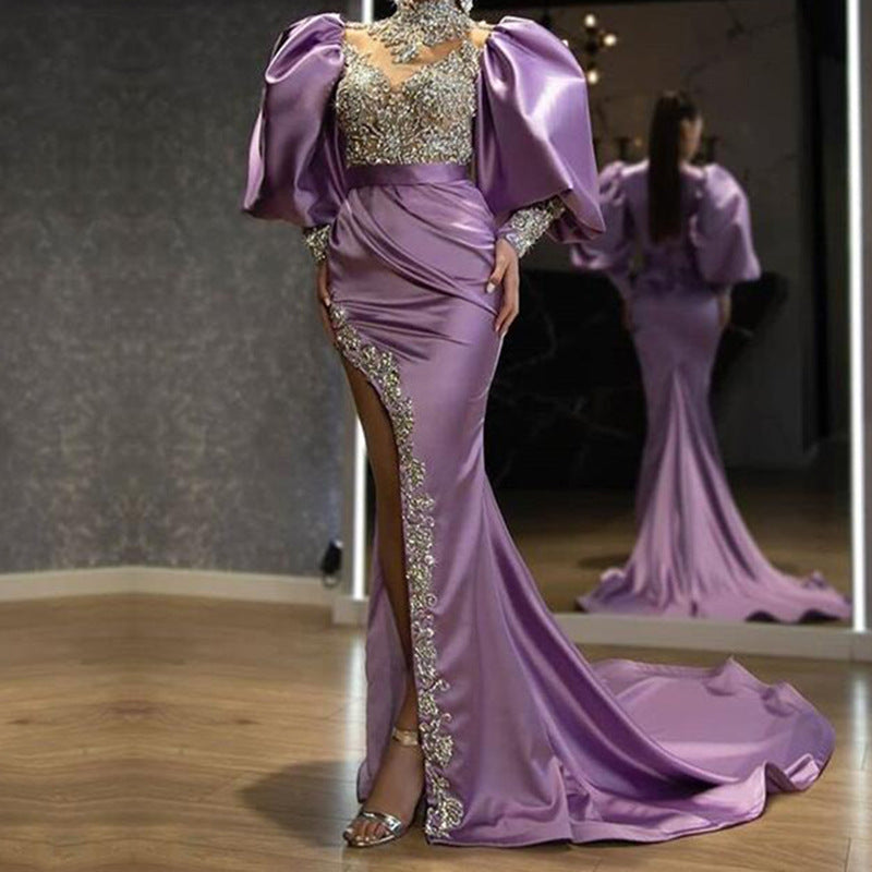 Elegant Gold-Sprinkled Evening Gown with Princess Sleeves, Fitted Bodycon,  Long Dress