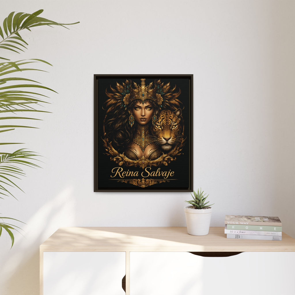 Reina Salvaje Matte Framed Canvas Art — Golden Goddess & Tiger Wall Decor