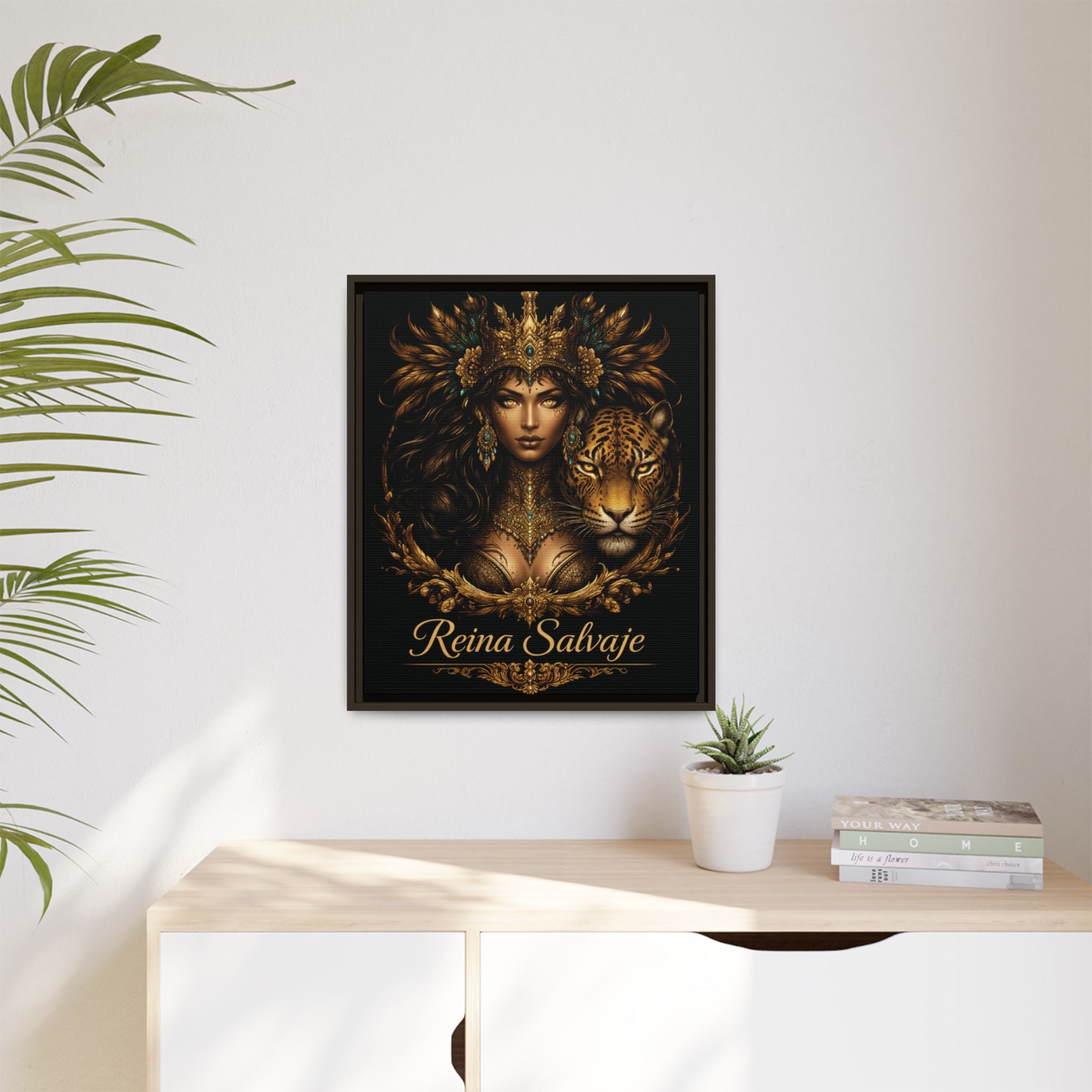 Reina Salvaje Matte Framed Canvas Art — Golden Goddess & Tiger Wall Decor