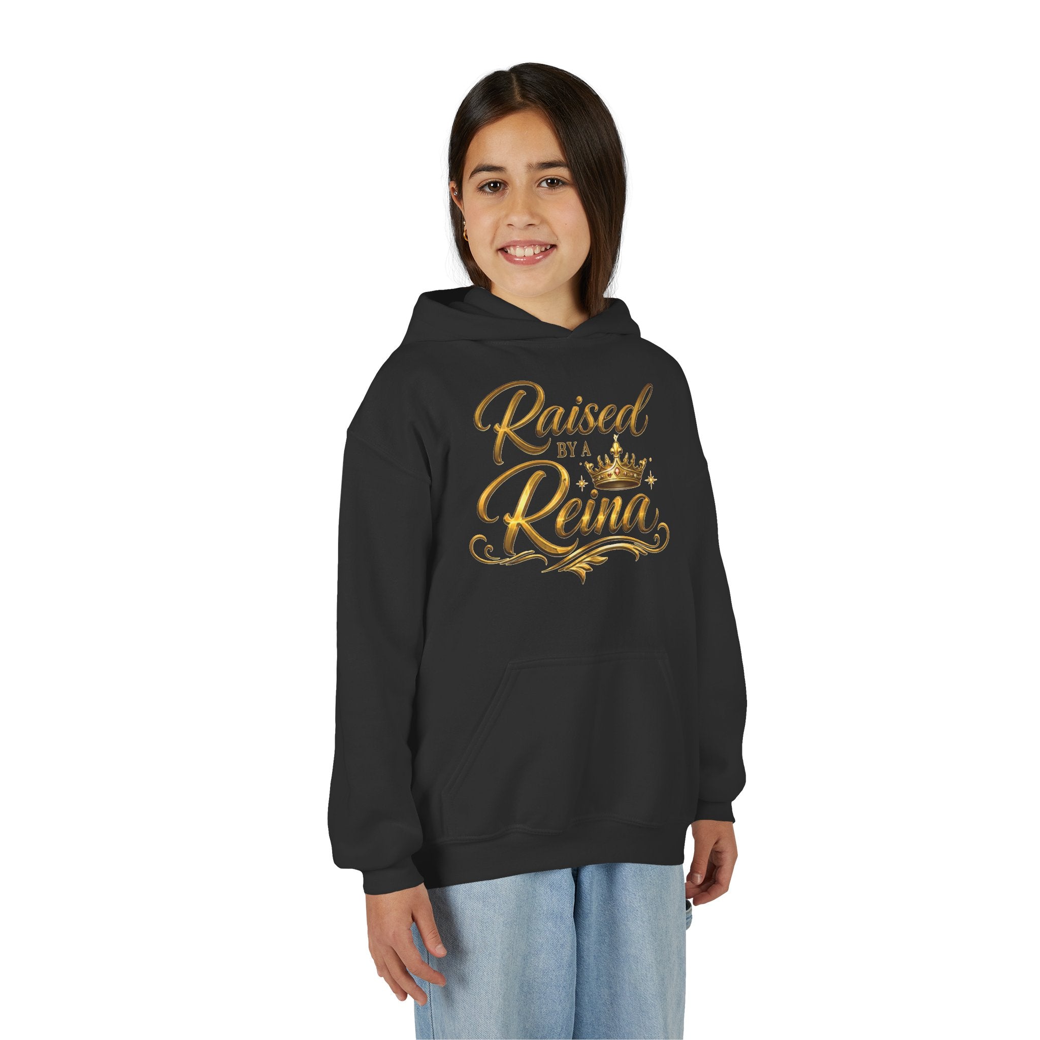 Youth Hoodie — "Raised by a Reina" Gold Script Kids Sweatshirt