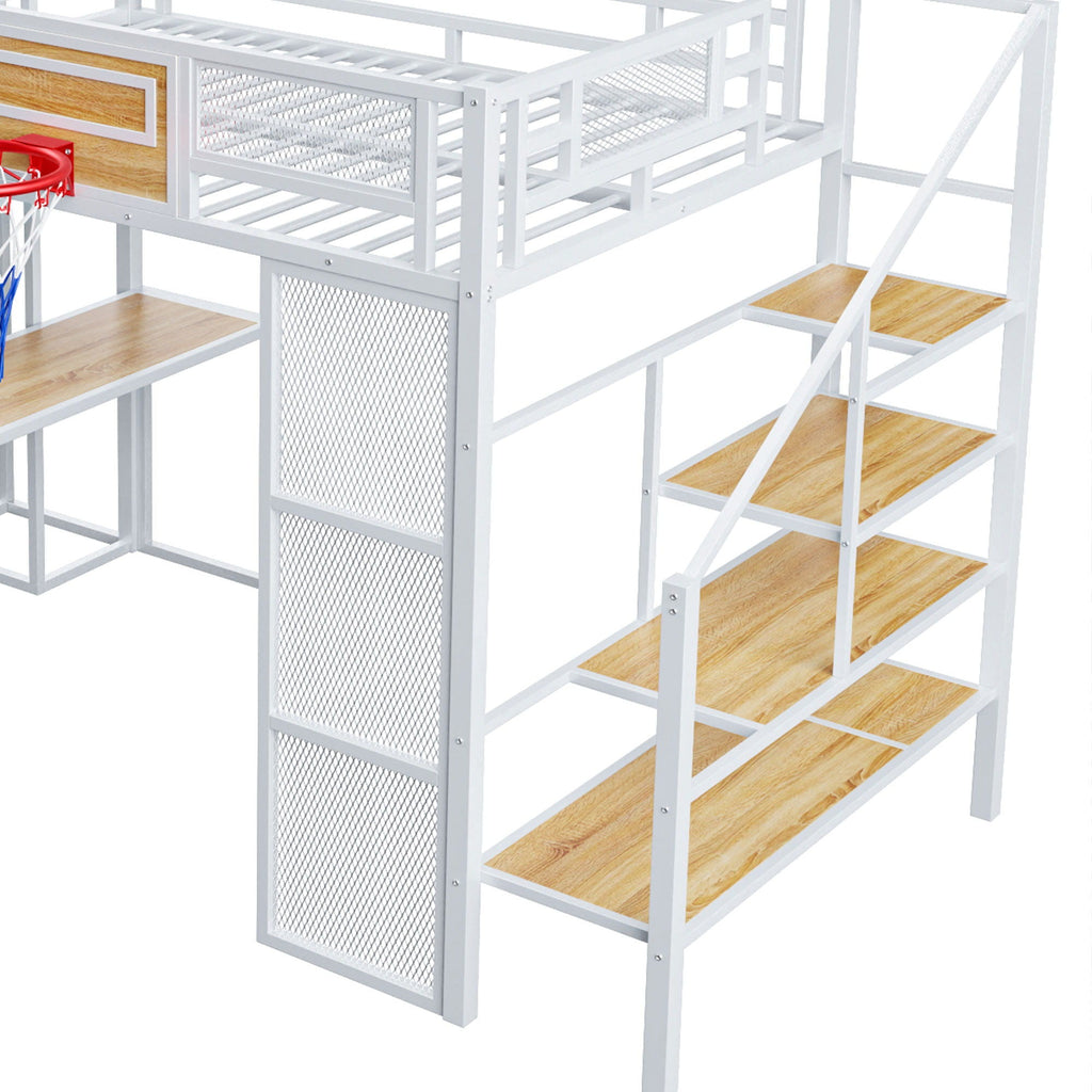 Full Loft Bed with Built-In Desk, Slide & Storage - Black or White