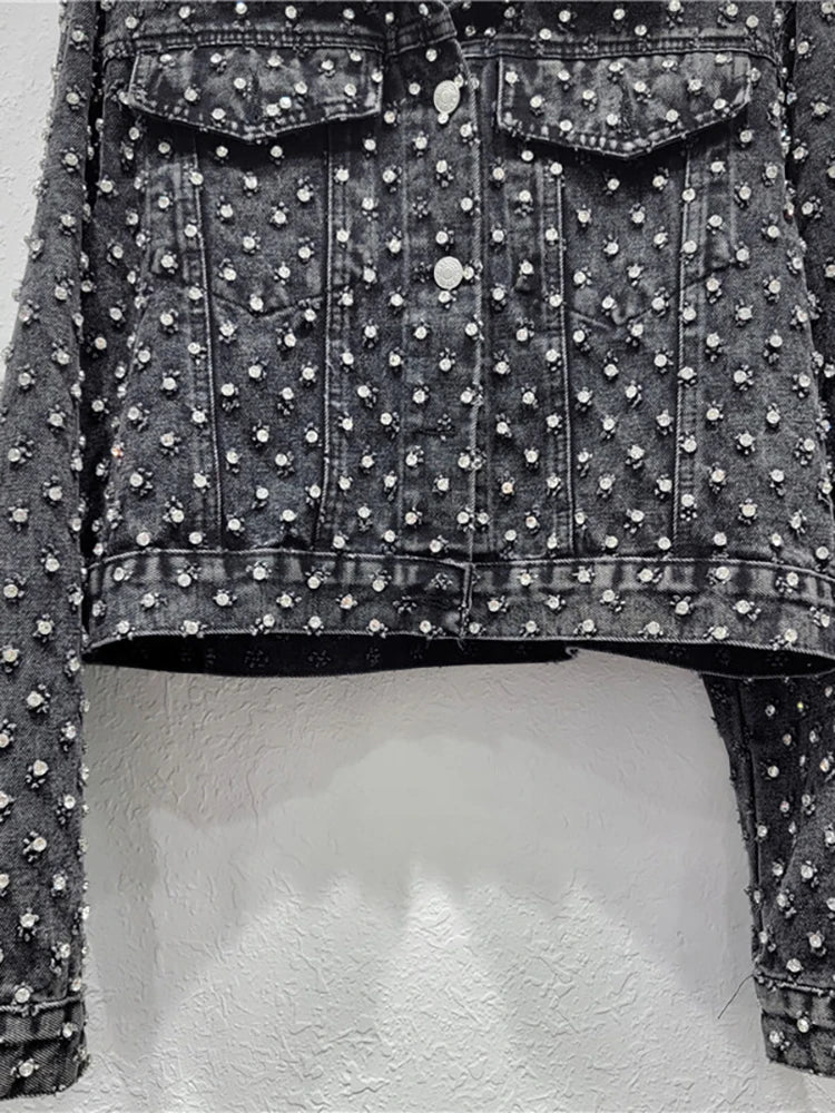 Women's Denim Coat Diamonds Black Washed Single Breasted Long Sleeve Distressed Jackets Autumn New Fashion