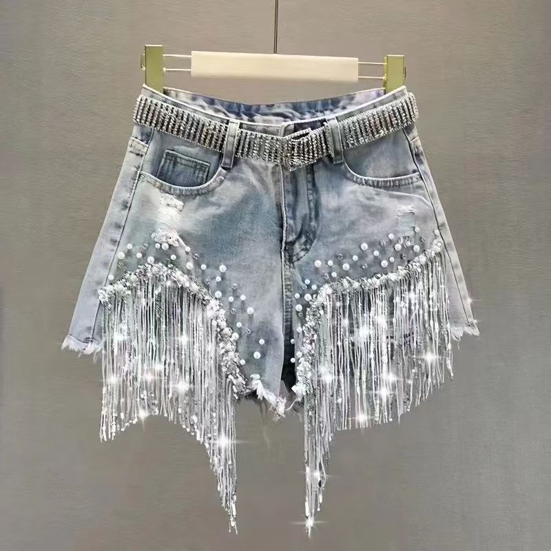 Heavy embellished rhinestone denim shorts for women, American style high-waisted slimming beaded fringe distressed jeans
