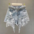 Heavy embellished rhinestone denim shorts for women, American style high-waisted slimming beaded fringe distressed jeans