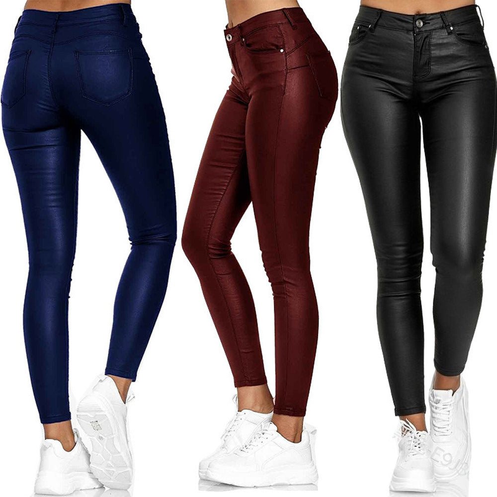 High-Waisted Solid Color Leather Casual Skinny Pants for Women Versatile and Stylish Long Trousers
