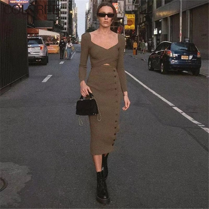 Army Green Knit Midi Dress