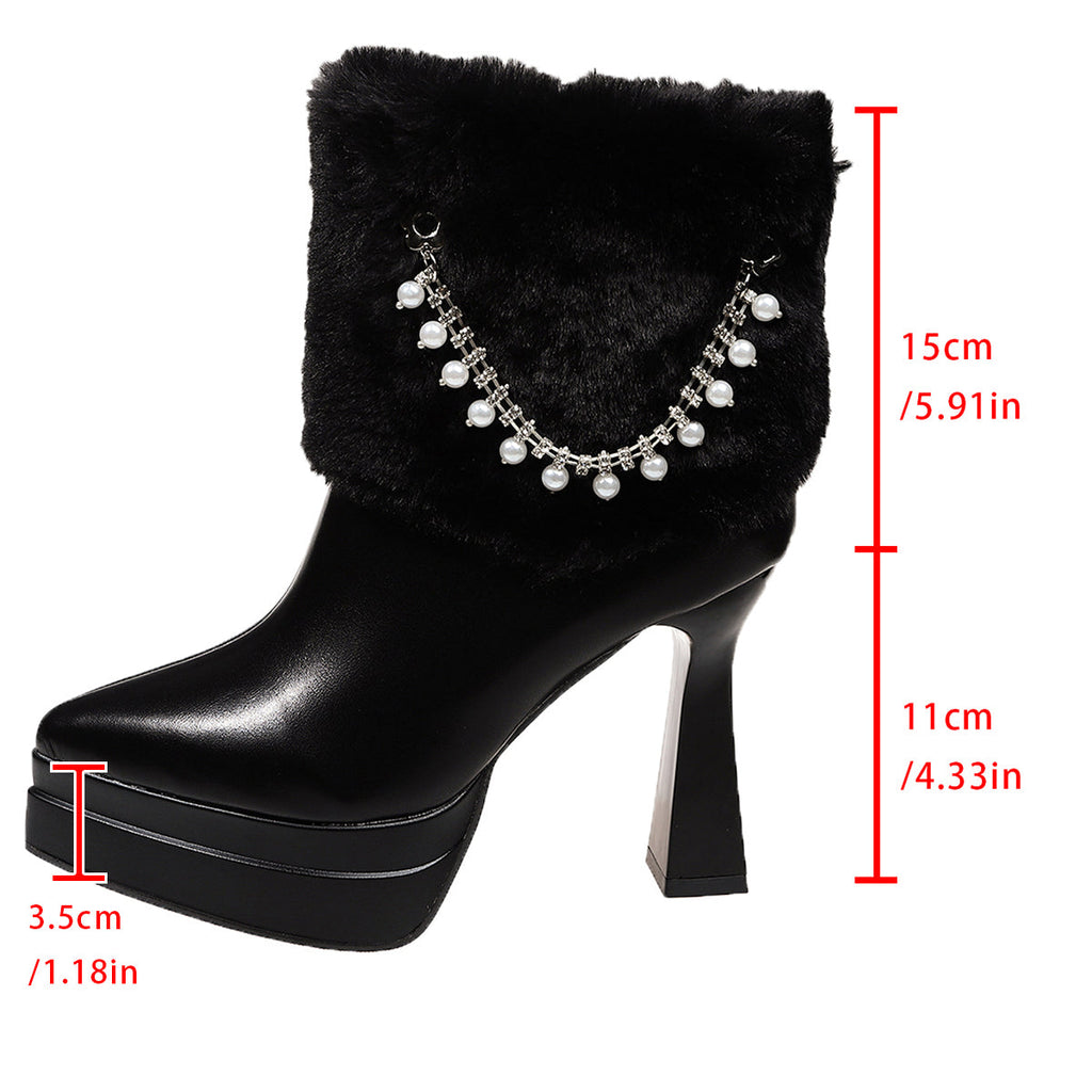 Winter Women Boots Rhinestone High Heel Shoes Fleece Lined Leather Shoes Women Shoes Genuine Leather Rabbit Fur Ankle Boots Ladies Leather Boots