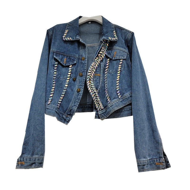 Women's Denim Coats Splicing Asymmetry Crystal Diamonds Single Breasted Female Jackets  Autumn New Fashion