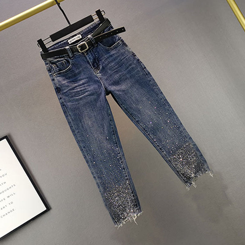 Fashionable  Capri Pants for Women, Slim Fit High Waist Stretchy Skinny Jeans with Rhinestone Embellishment, Versatile and Stylish