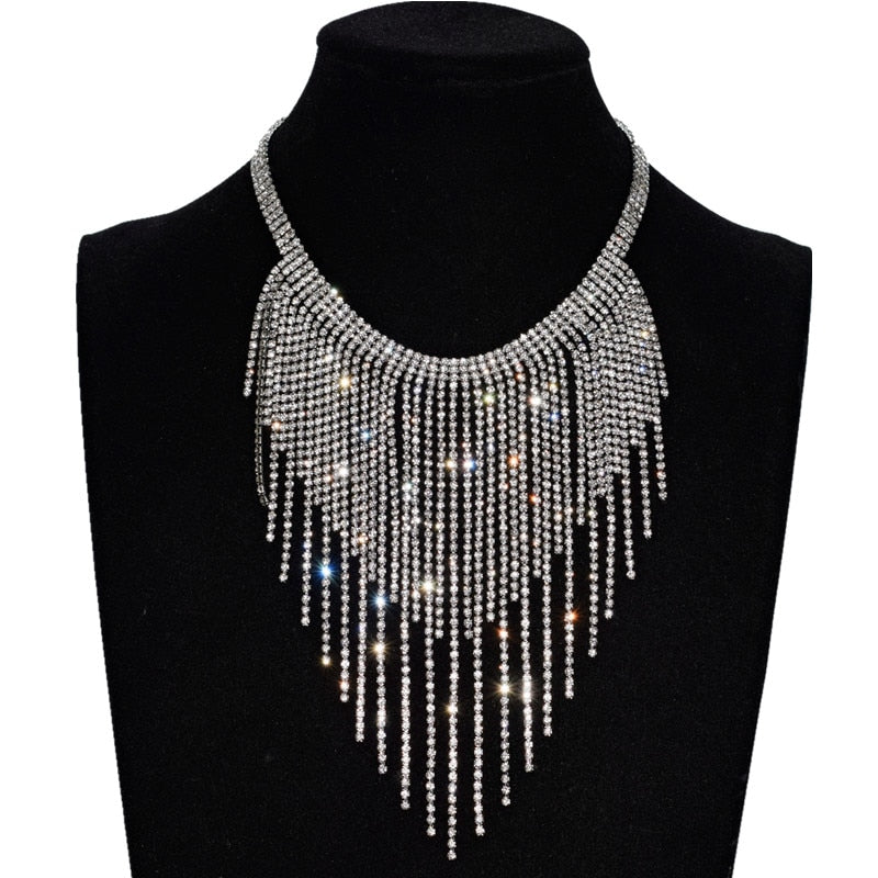 Rhinestone Tassel Statement Necklace