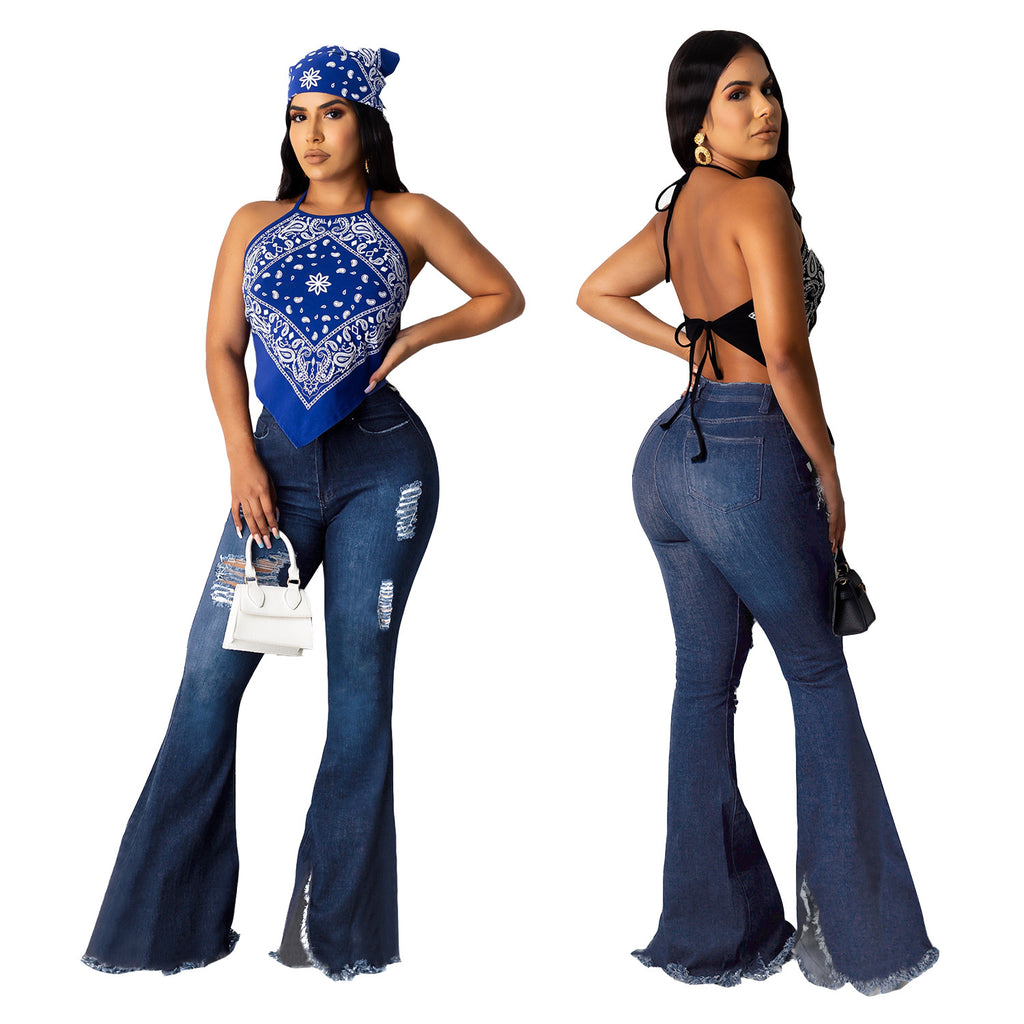 Women's ripped high waisted flared pants, jeans