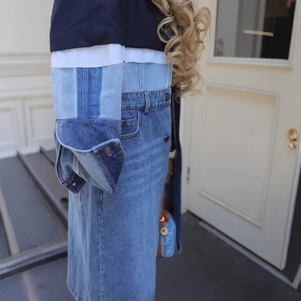 Style Color Block Medium Length Denim Trench Coat for Autumn and Winter