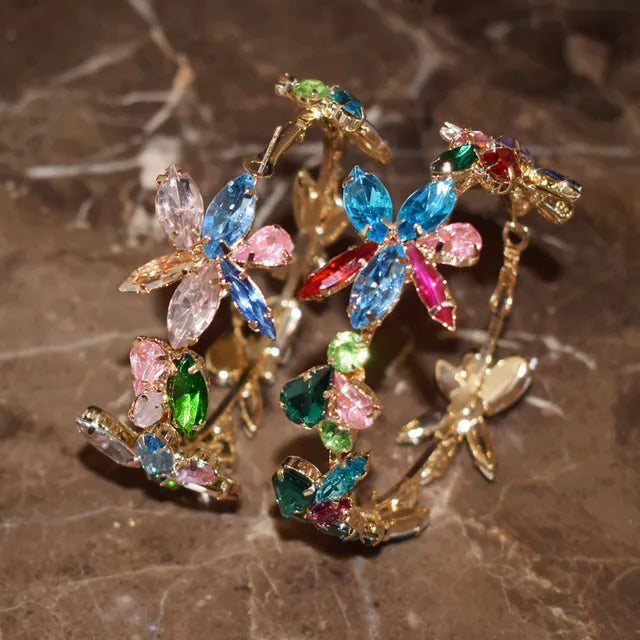 Exaggerated New Shiny Rhinestone Flowers Hoop Earrings For Women Jewelry Fashion Show Statement Earrings Accessories Hot Sale
