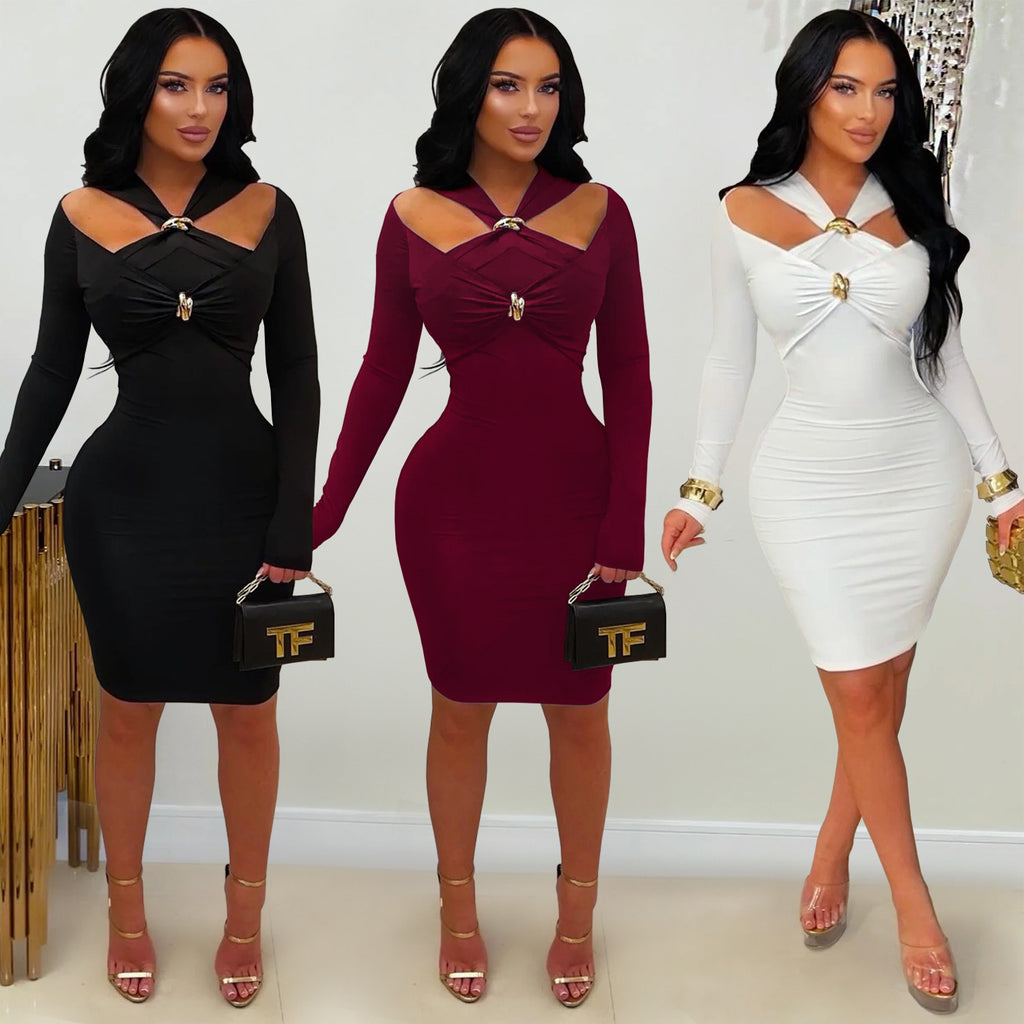 Chic Off-Shoulder Fitted Bodycon Solid Color Dress for Women