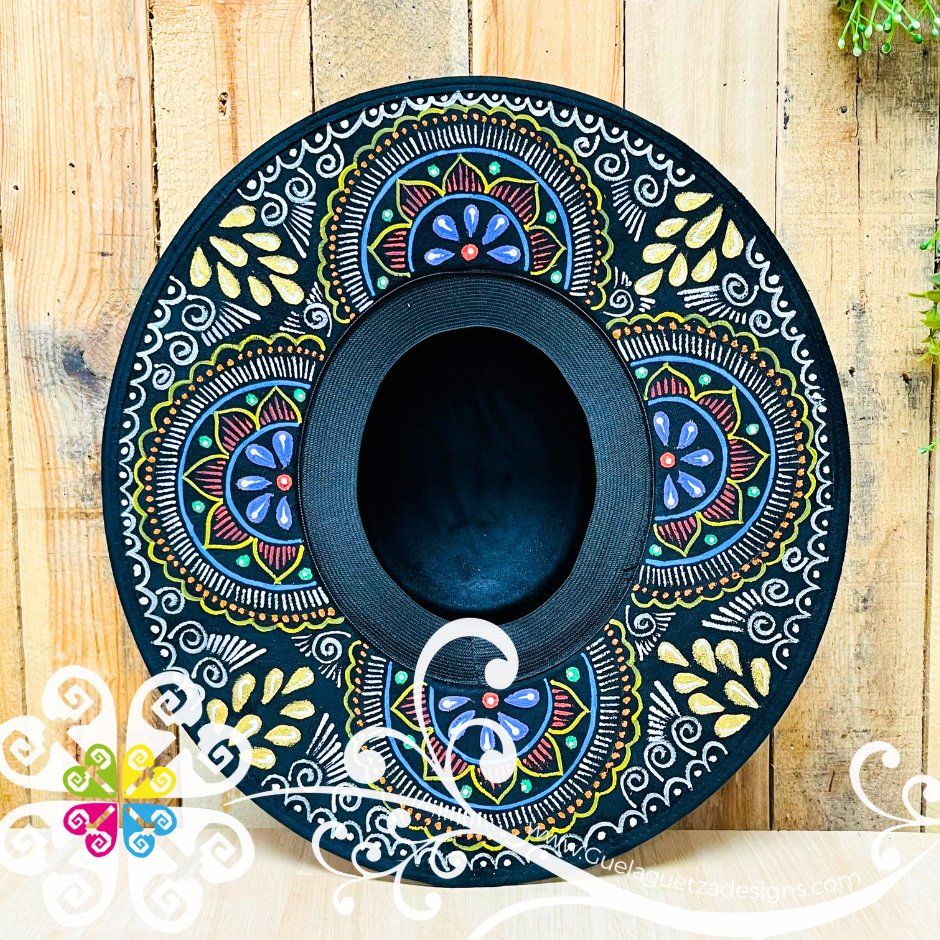 Black Oval Mitla Velvet Hat - Hand Painted Hat