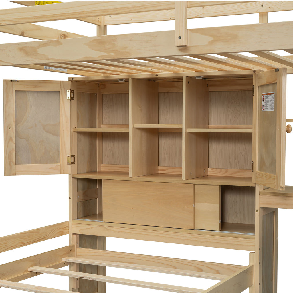Twin Over Twin Loft Bed with Built-In Desk and Staircase - White or Light Brown