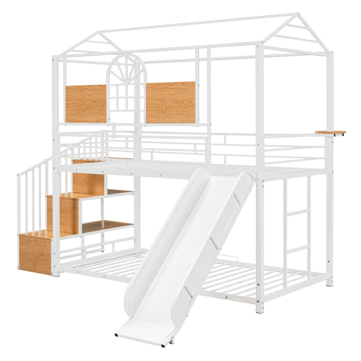 Metal Bunk Bed with Slide and Storage Stairs