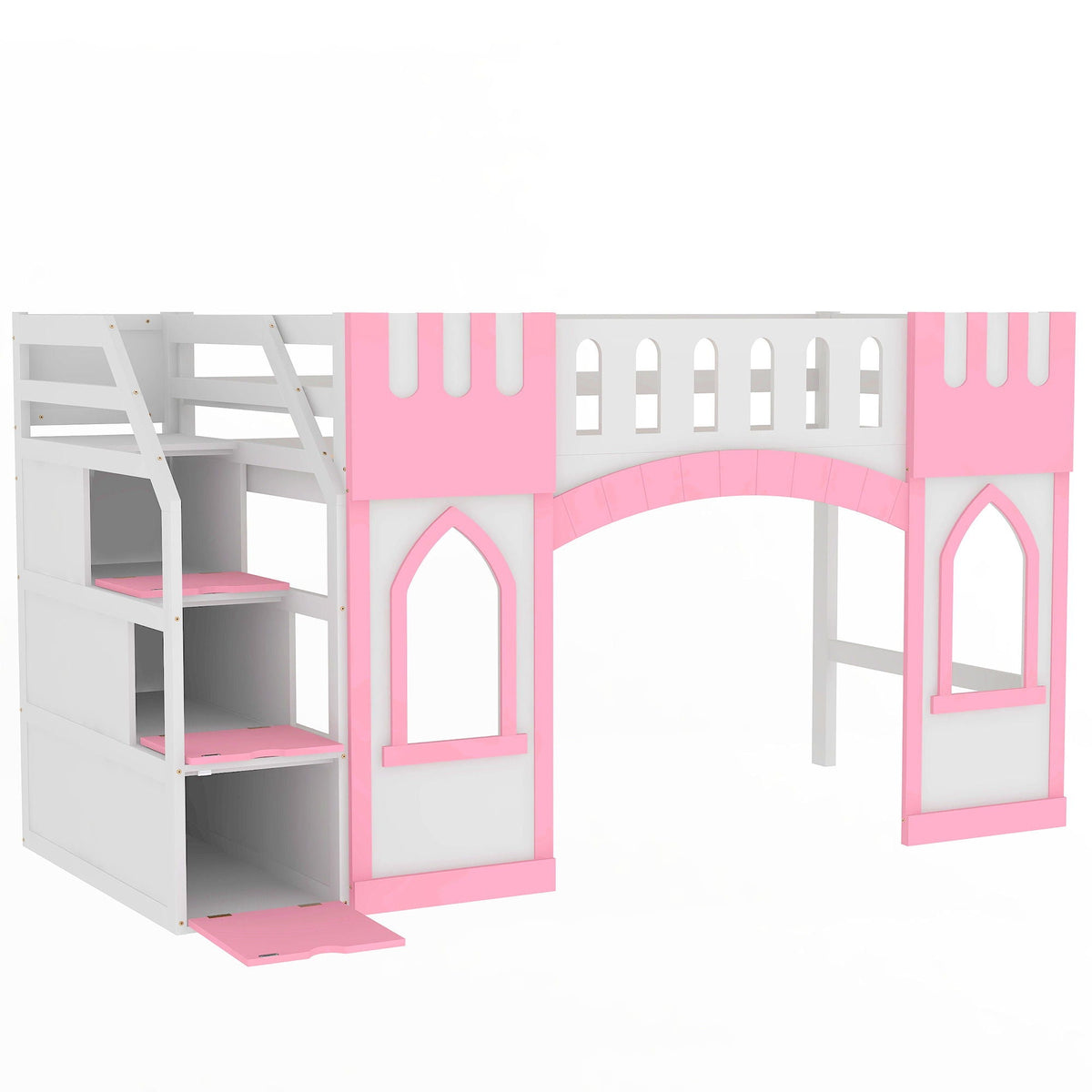 Loft Bed With Storage Staircase and Windows - Twin Size