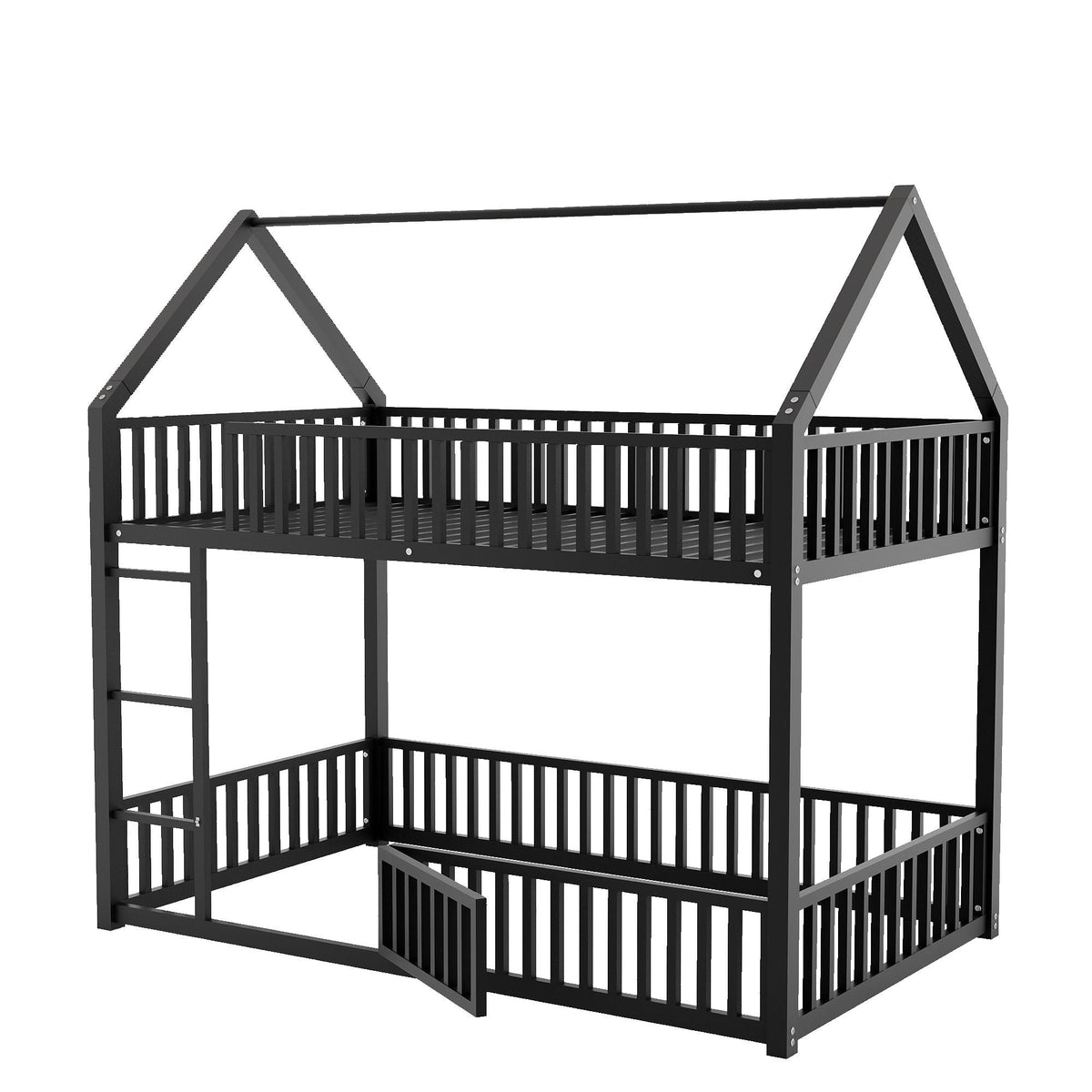 Metal House Bunk Bed with Fence and Door - Twin over Twin
