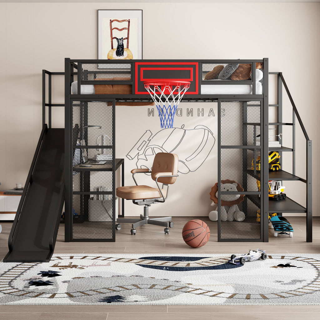 Full Loft Bed with Built-In Desk, Slide & Storage - Black or White