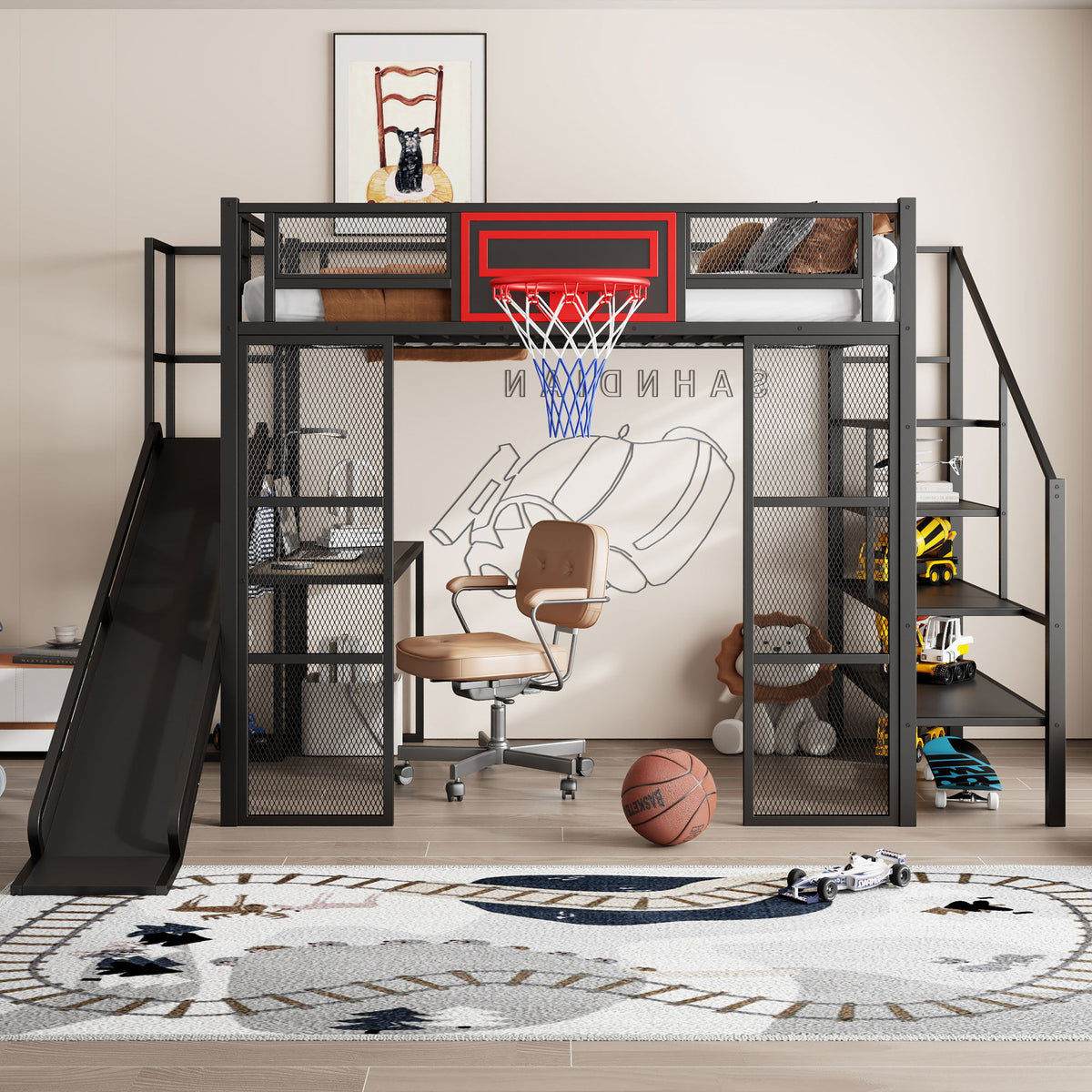 Full Loft Bed with Built-In Desk, Slide & Storage - Black or White