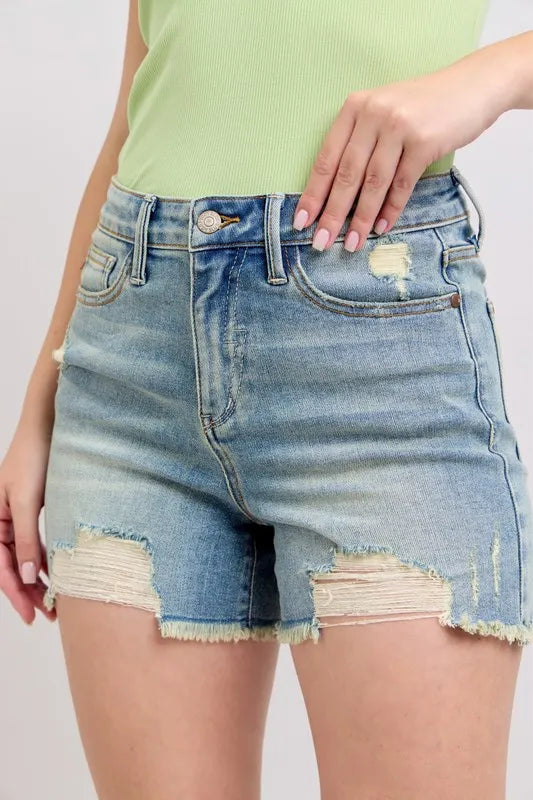 Judy Blue Full Size High Rise Washed Fly Stitch Detail and Destroy Denim Shorts Plus Size
