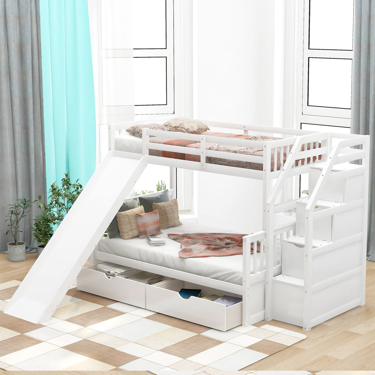 Bunk Bed with Storage Staircase, Slide & Desk - Twin or Full - Dark Gray or White