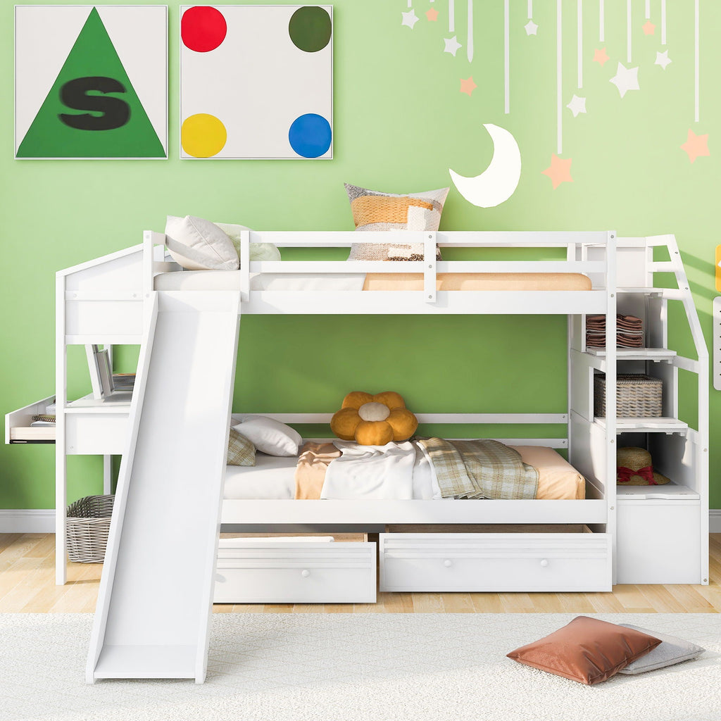 Bunk Bed with Storage Staircase, Slide & Desk - Twin or Full - Dark Gray or White