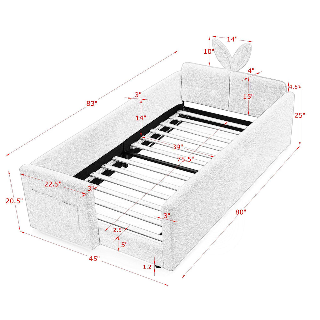 Cute Rabbit Ear Upholstered Platform Bed Frame with Safety Rail - Multiple Colors
