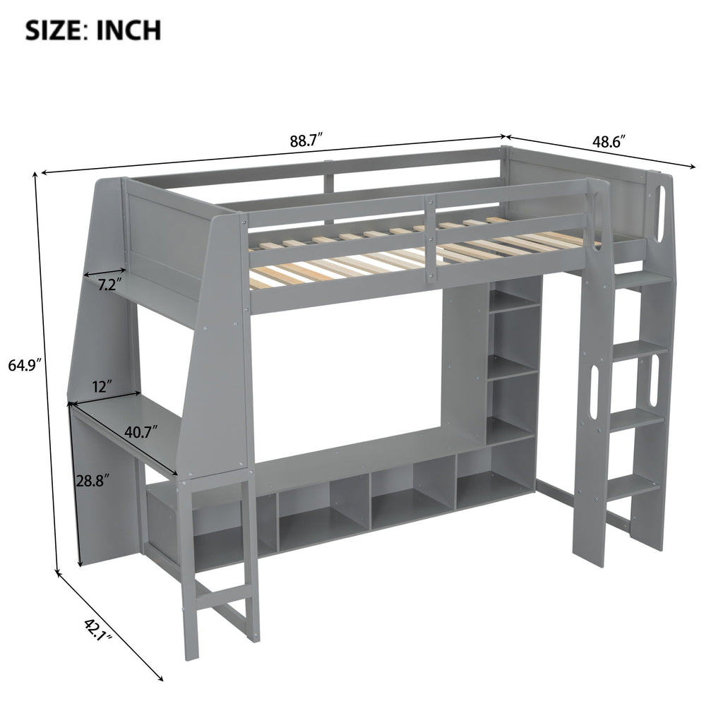 Gaming Loft Bed with Desk and Storage Shelves – LED Lighting – Black or Dark Gray