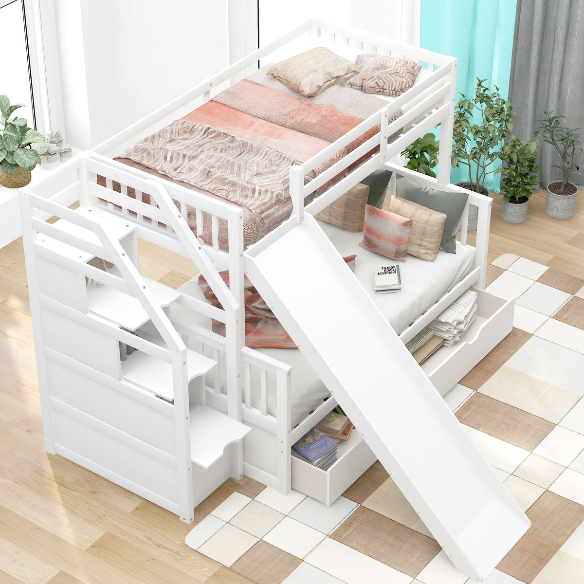 Bunk Bed with Storage Staircase, Slide & Desk - Twin or Full - Dark Gray or White