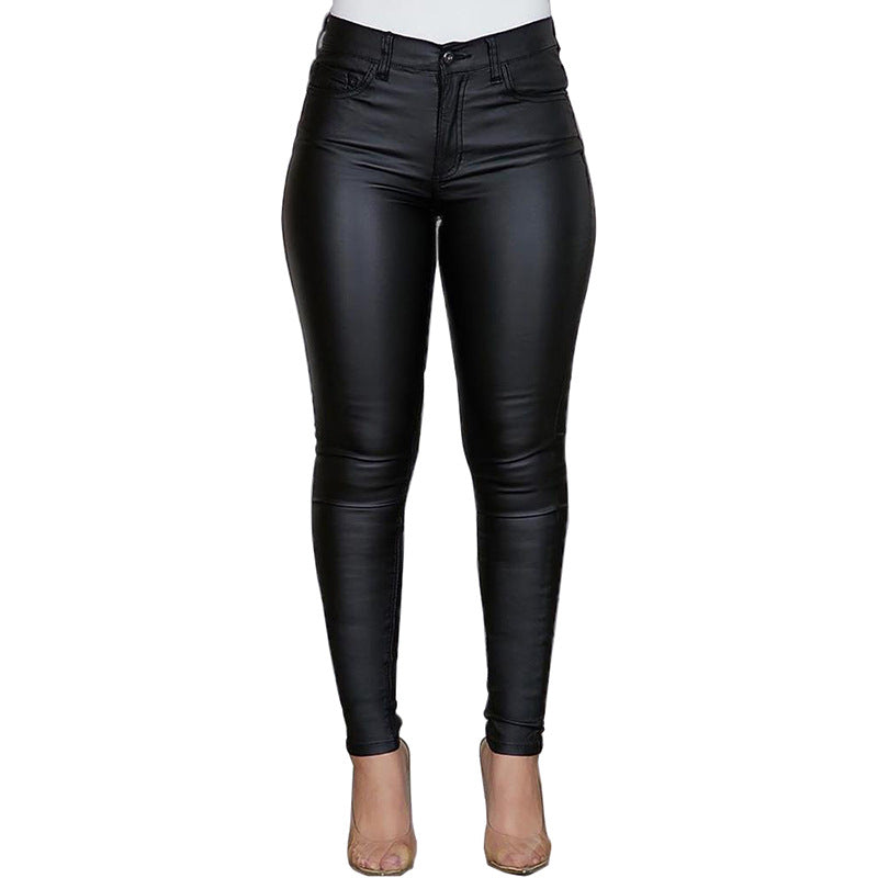 Dressy High-Waisted Skinny PU Leather Pants for Women Solid Color Casual Long Pants Slim Fit Sexy Style