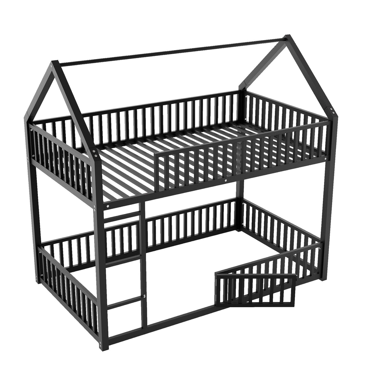 Metal House Bunk Bed with Fence and Door - Twin over Twin