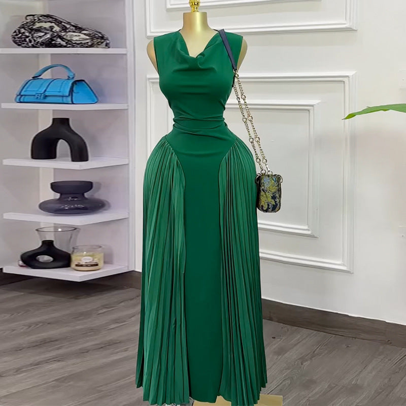 Elegant Sleeveless Pleated Bodycon Dress with Patchwork Design for Summer Long Dress