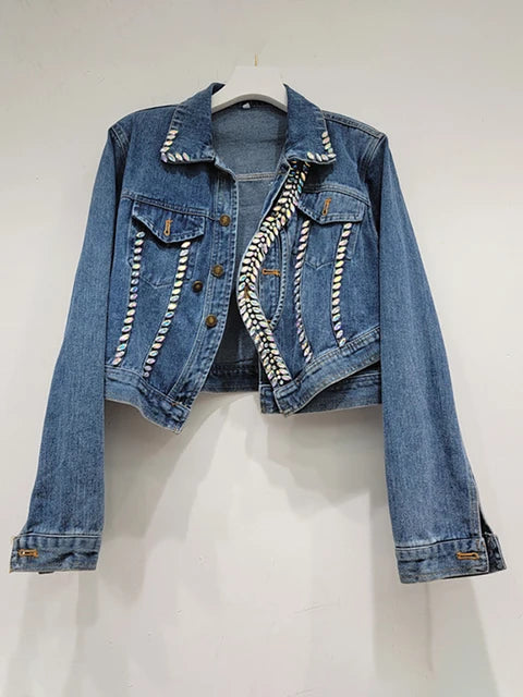 Women's Denim Coats Splicing Asymmetry Crystal Diamonds Single Breasted Female Jackets  Autumn New Fashion