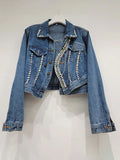 Women's Denim Coats Splicing Asymmetry Crystal Diamonds Single Breasted Female Jackets  Autumn New Fashion