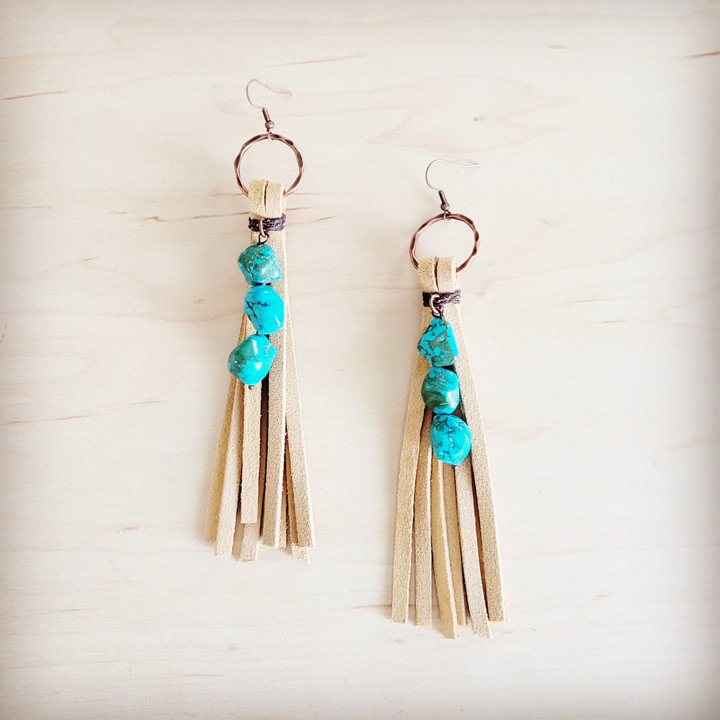 Leather Fringe Earrings with Turquoise Chunks Cream 218q