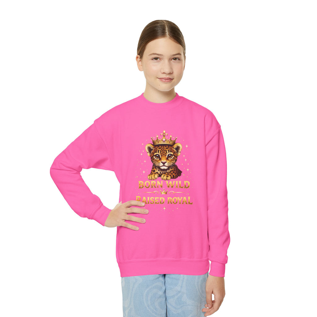 Youth Crewneck Sweatshirt — "Born Wild Raised Royal" Jaguar Cub Graphic