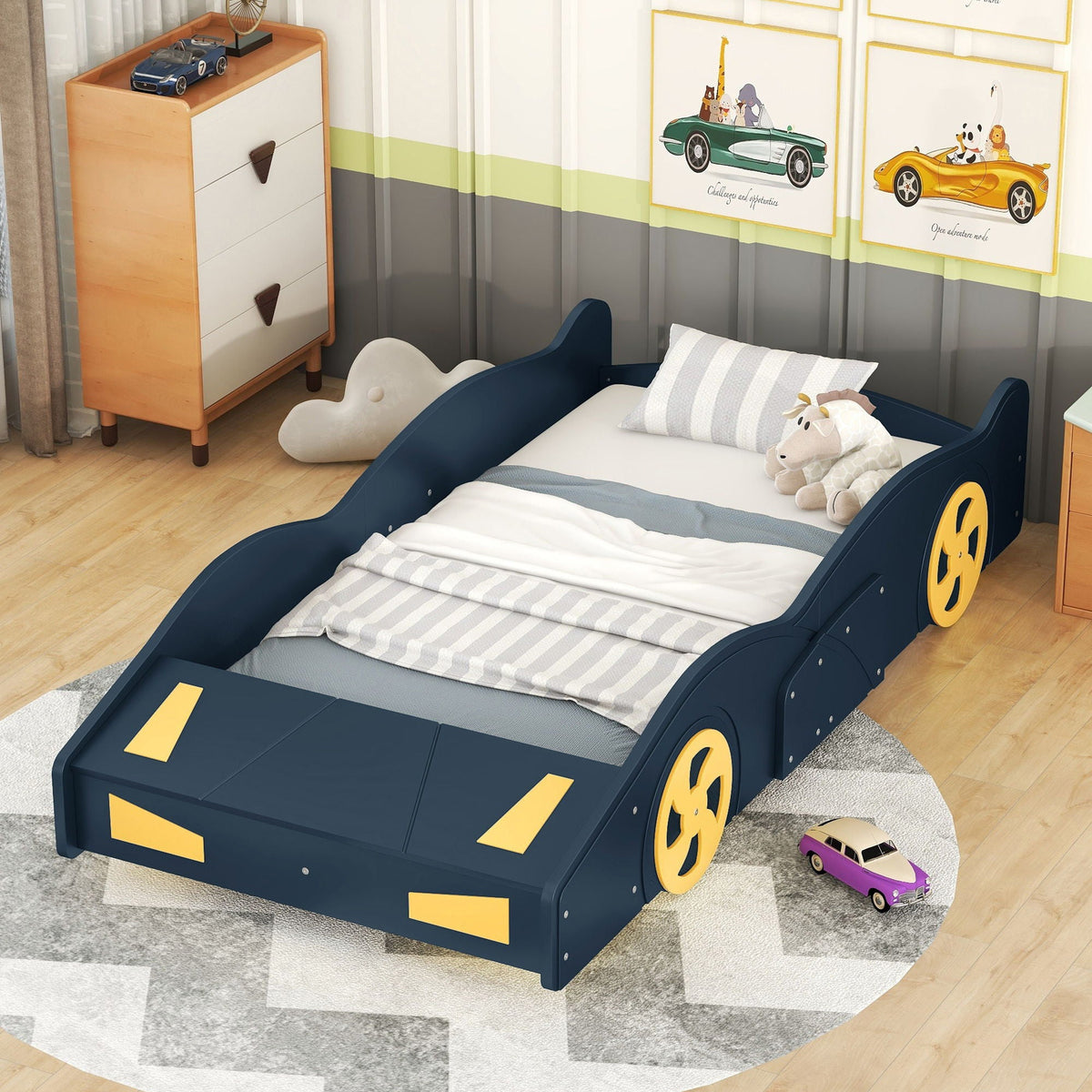 Race Car Platform Bed with Storage and Wheels - Black or Blue