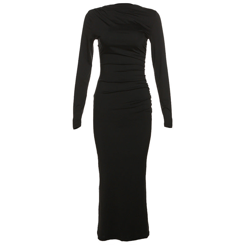 Solid Color Long Sleeve Round Neck Fitted Bodycon Dress