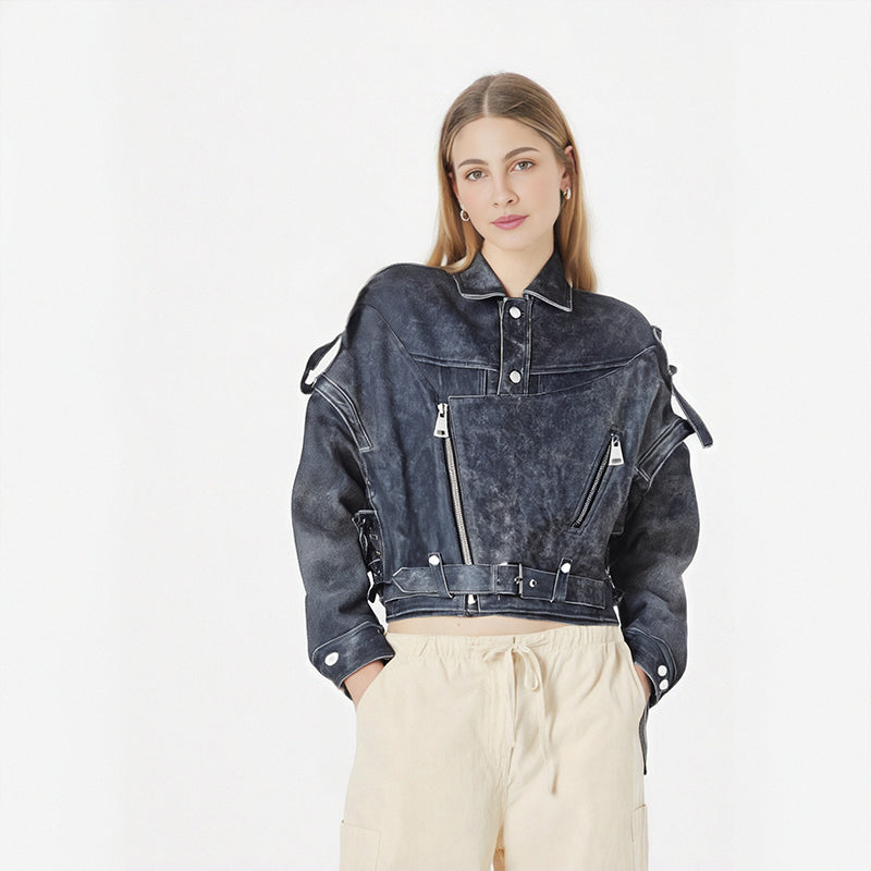 Leather Jacket for Women Vintage Long Sleeve Crop Leather Coat Lapel Collar Lacing design Pu Patchwork  Lady High Streetwear