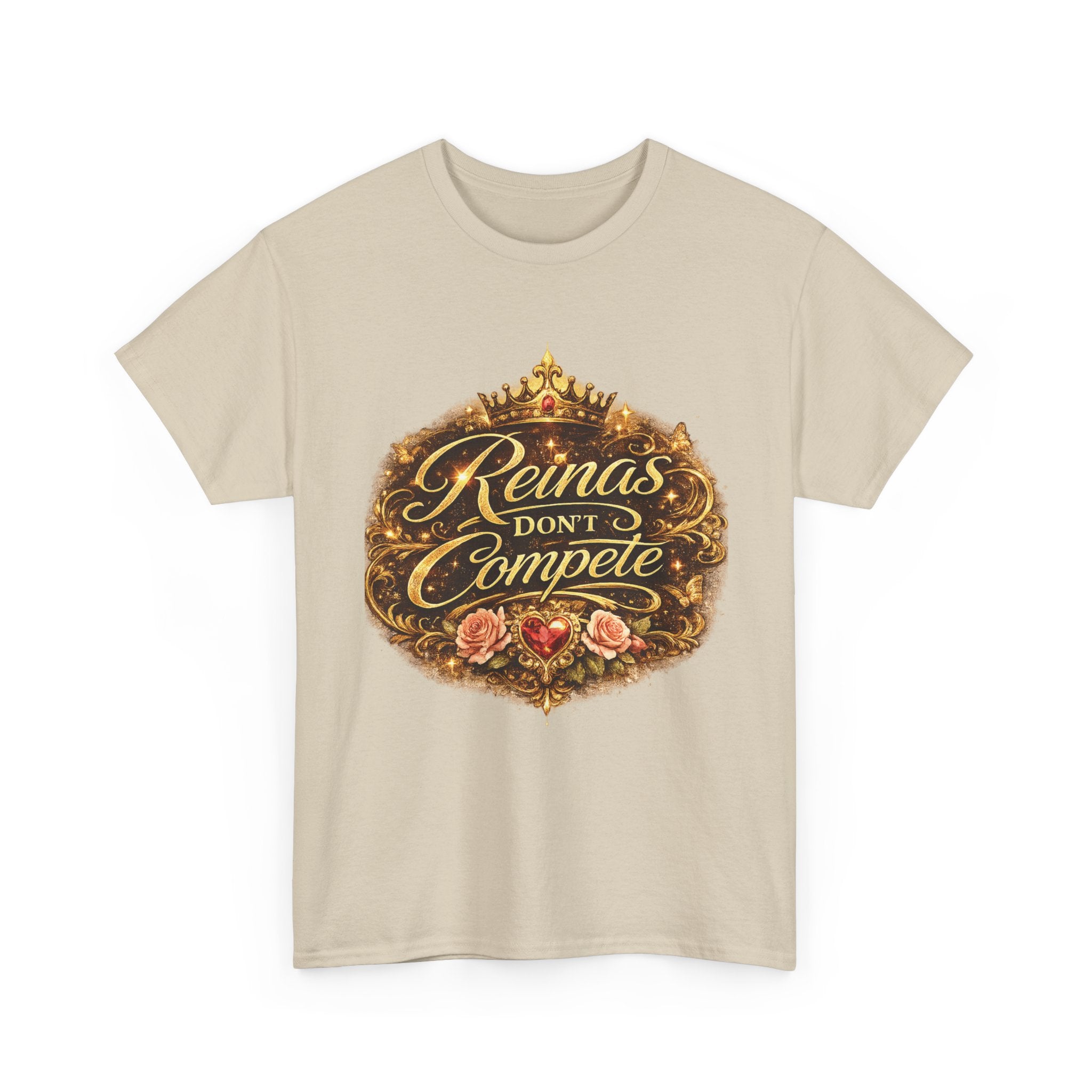 Reinas Don’t Compete tee | Crowned script design, floral emblem