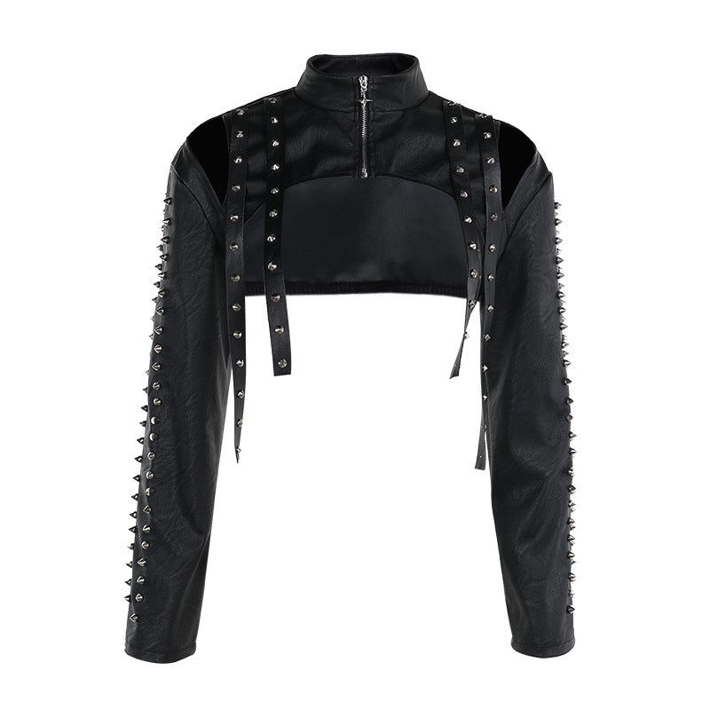 Women's Black Leather Cropped Jacket Spiked Cutout BYMANYC ® New York CONTEMPORARY EDGY MODERN OUTERWEAR - New Collection