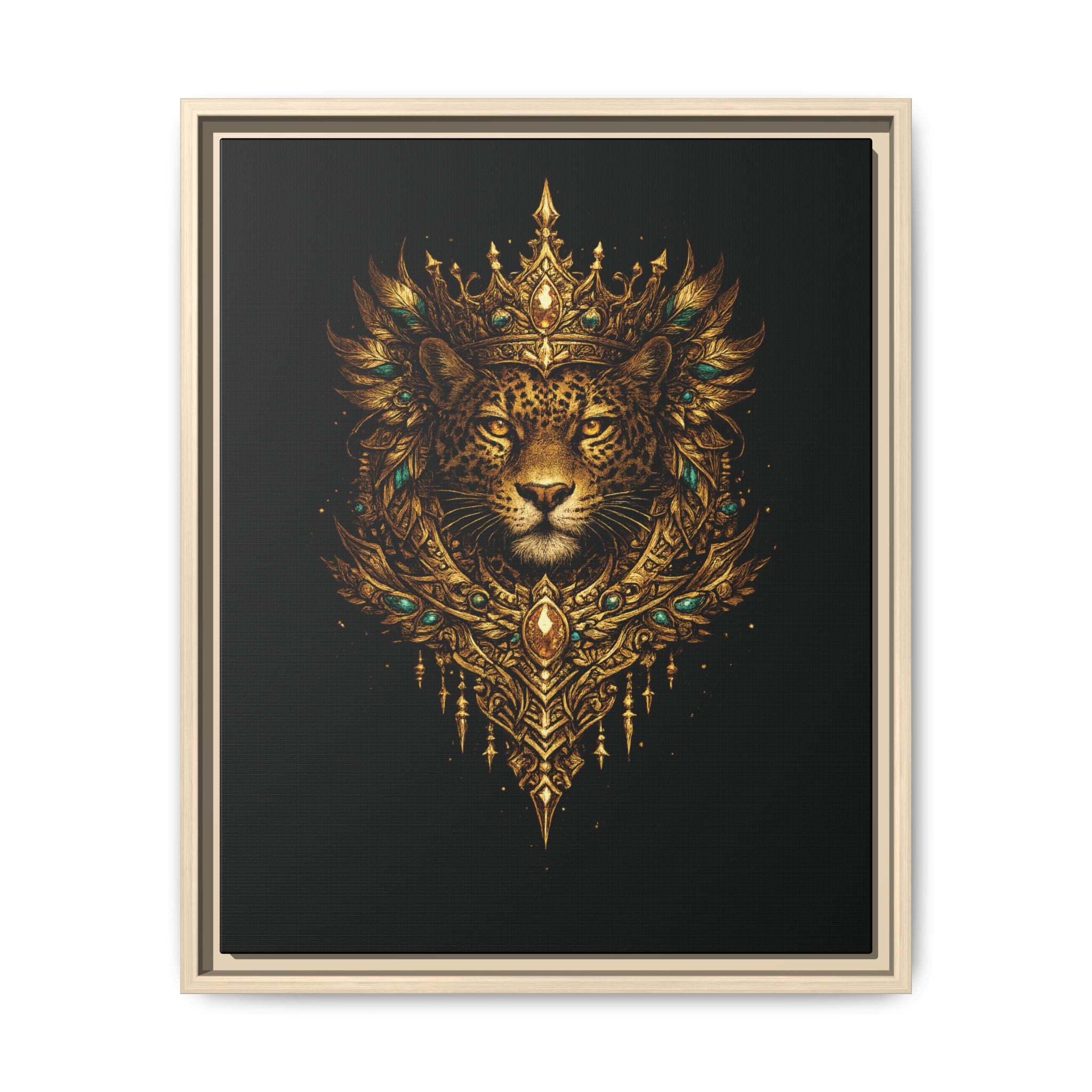 Golden Crowned Jaguar Canvas Art — Gold Crowned Lion Matte Framed Print