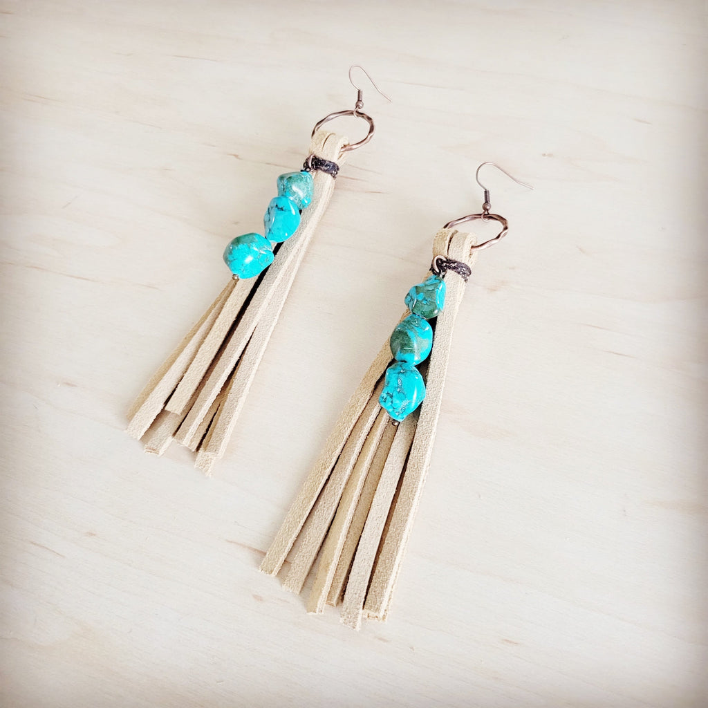 Leather Fringe Earrings with Turquoise Chunks Cream 218q