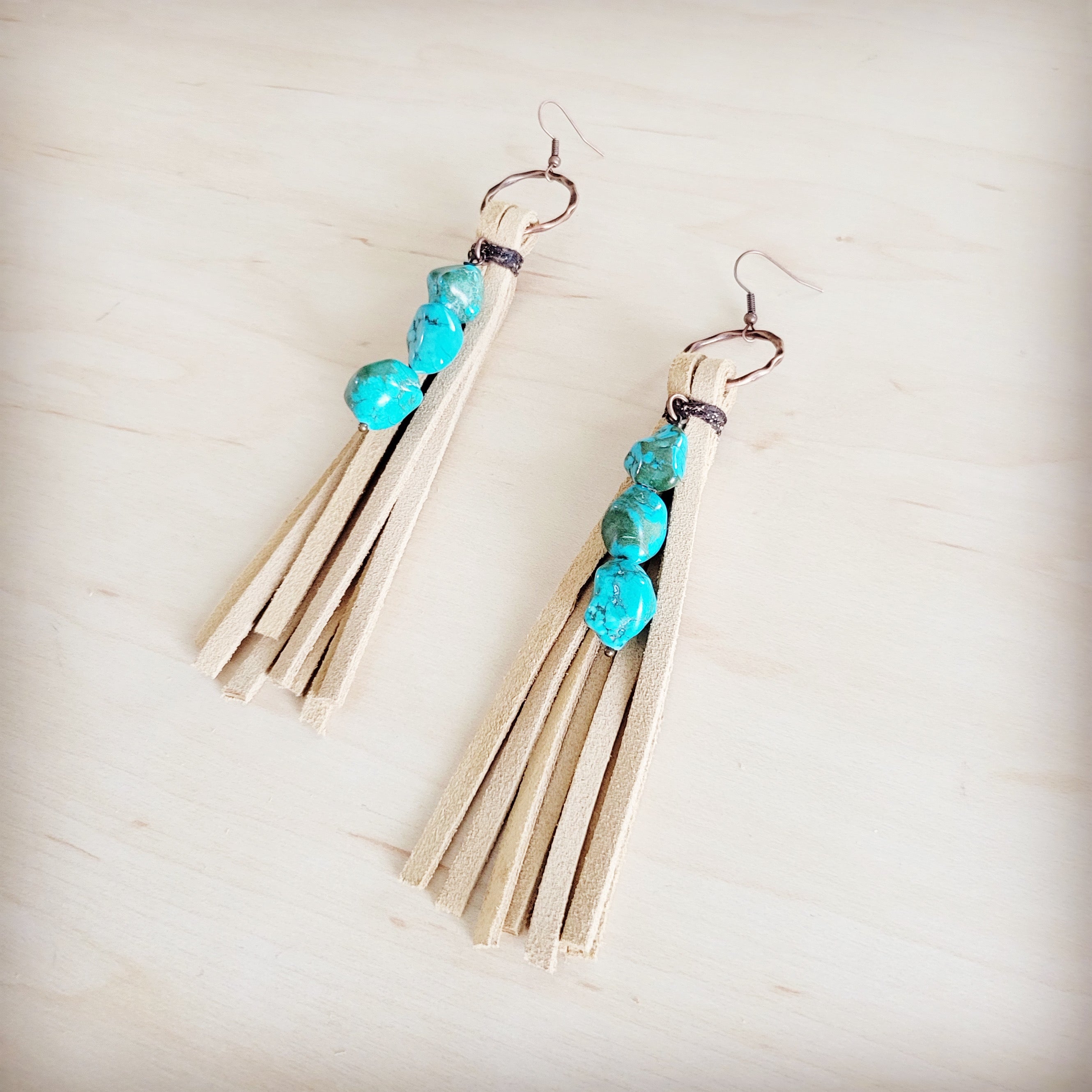 Leather Fringe Earrings with Turquoise Chunks Cream 218q
